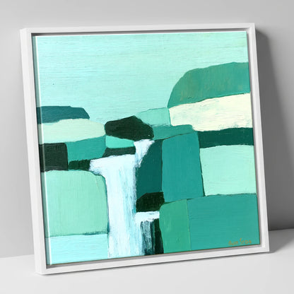 Abstract Teal Waterfall Over Rocks lake district waterfall canvas wall art in white frame