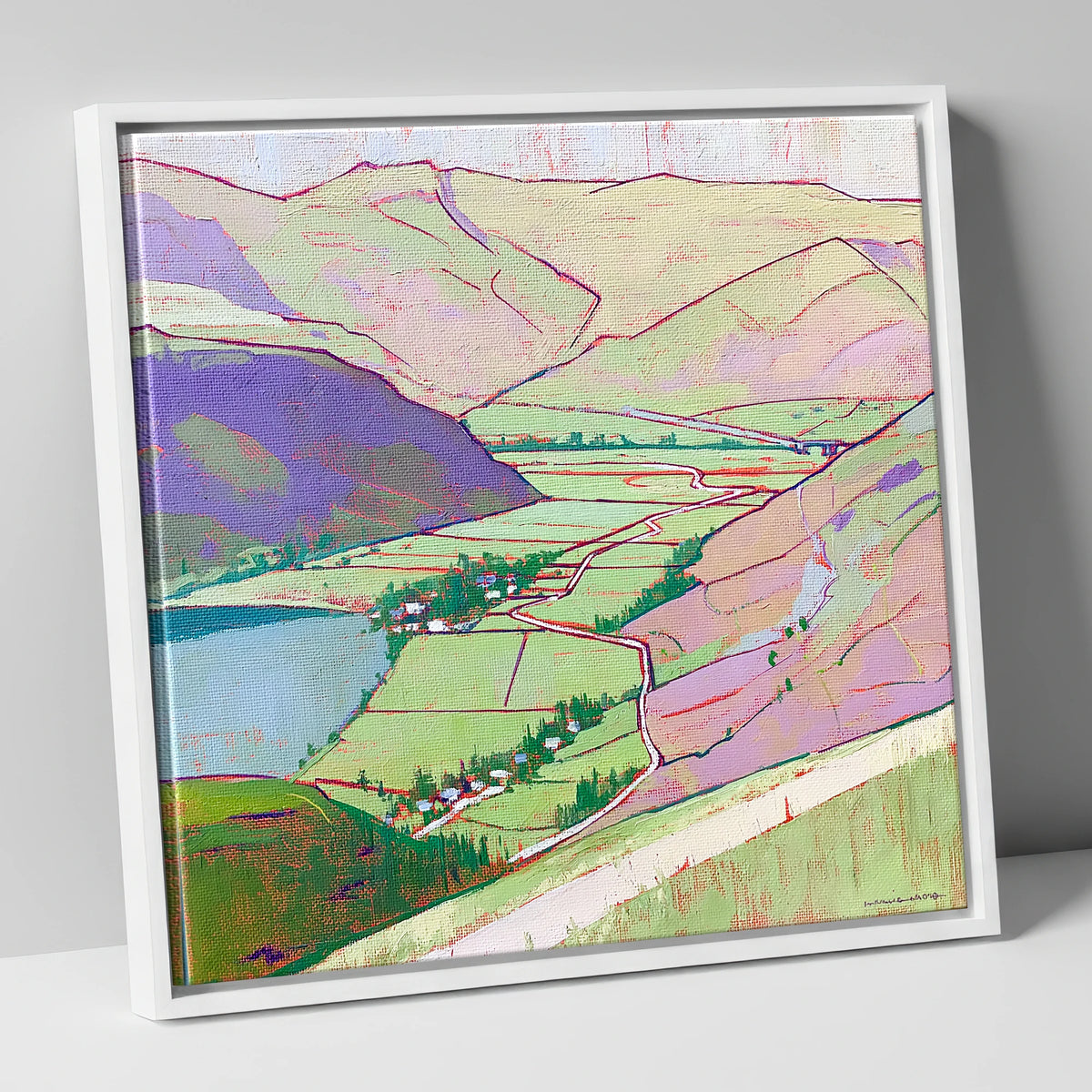 Vibrant Patterdale From Place Fell lake district village canvas wall art in white frame