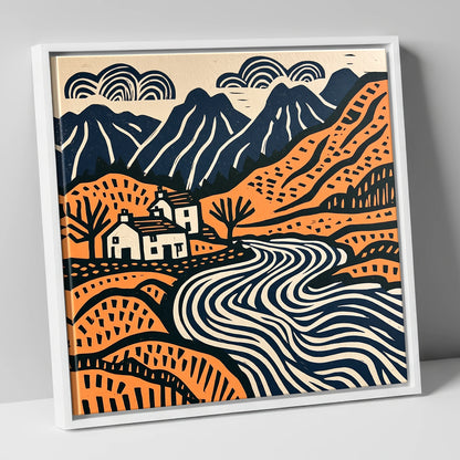 Grasmere Valley in Terracotta and Navy lake district lake canvas wall art in white frame
