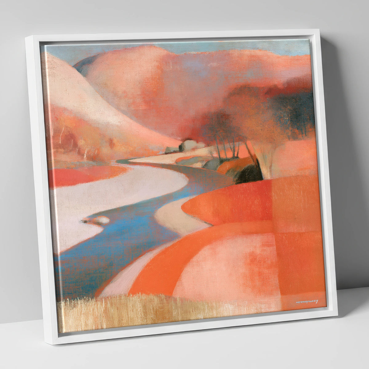 Winding Valley River in Terracotta lake district waterfall canvas wall art in white frame
