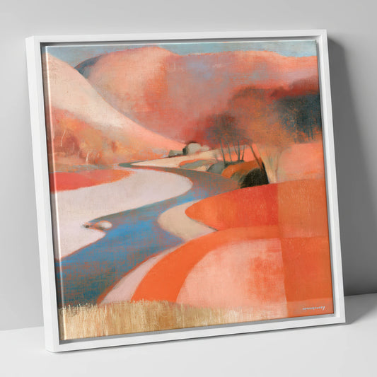Winding Valley River in Terracotta lake district waterfall canvas wall art in white frame