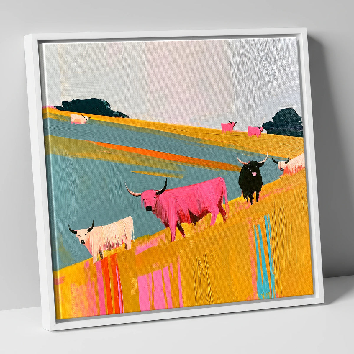 Colourful Highland Cattle Grazing lake district wildlife canvas wall art in white frame