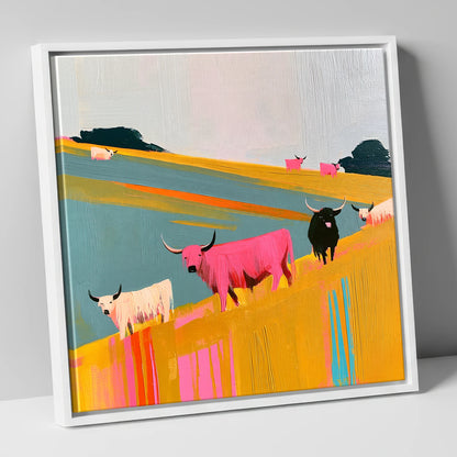 Colourful Highland Cattle Grazing lake district wildlife canvas wall art in white frame
