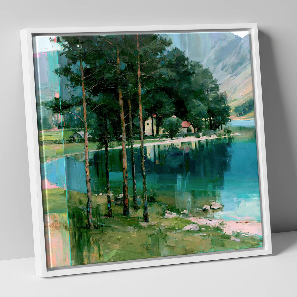 Pine Trees on Buttermere Shoreline lake district lake canvas wall art in white frame