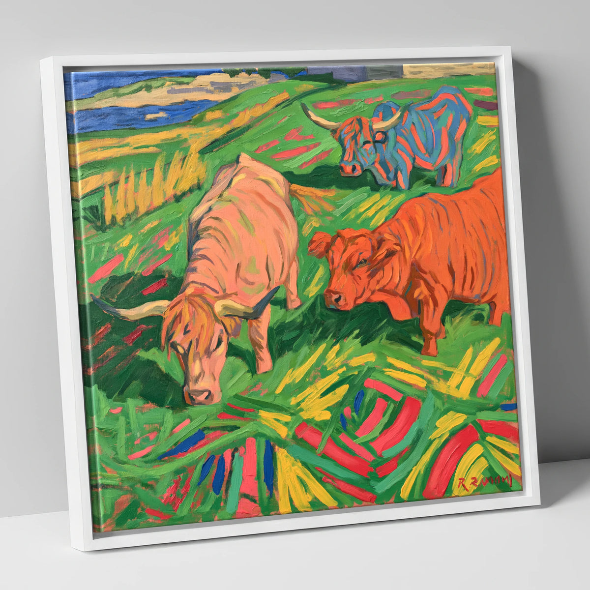 Vibrant Highland Cattle Grazing lake district wildlife canvas wall art in white frame