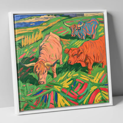 Vibrant Highland Cattle Grazing lake district wildlife canvas wall art in white frame
