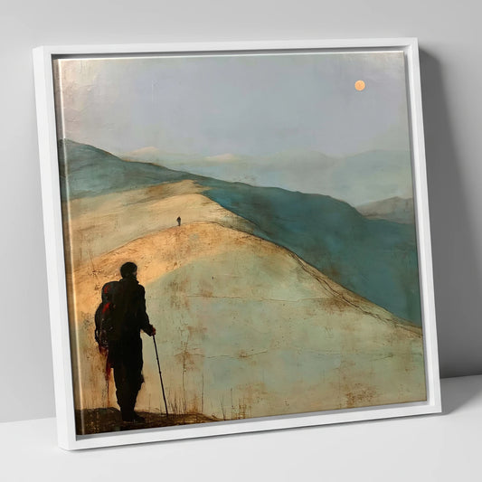 Fell Walker on the Golden Ridge lake district walking canvas wall art in white frame