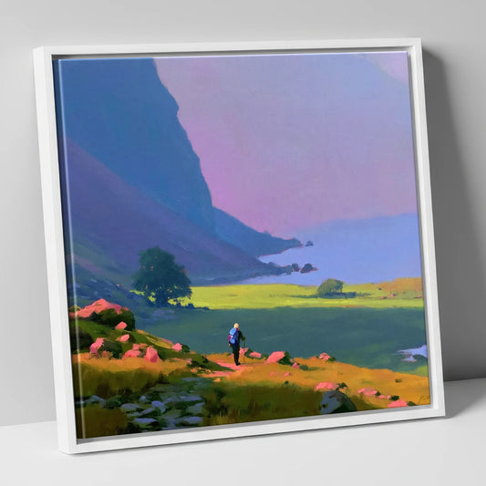 Lone Hiker Beneath Indigo Fells lake district walking canvas wall art in white frame