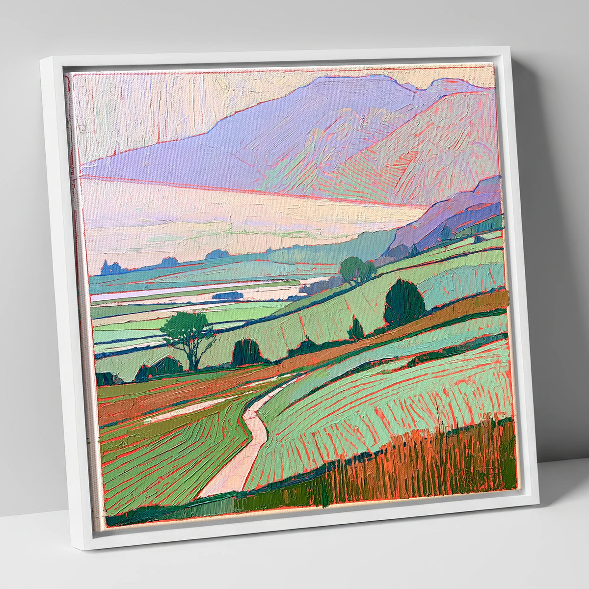 Pastel Mist Over Valley Fields lake district sky canvas wall art in white frame