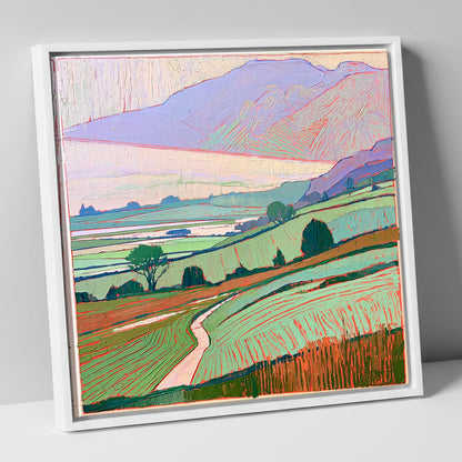 Pastel Mist Over Valley Fields lake district sky canvas wall art in white frame