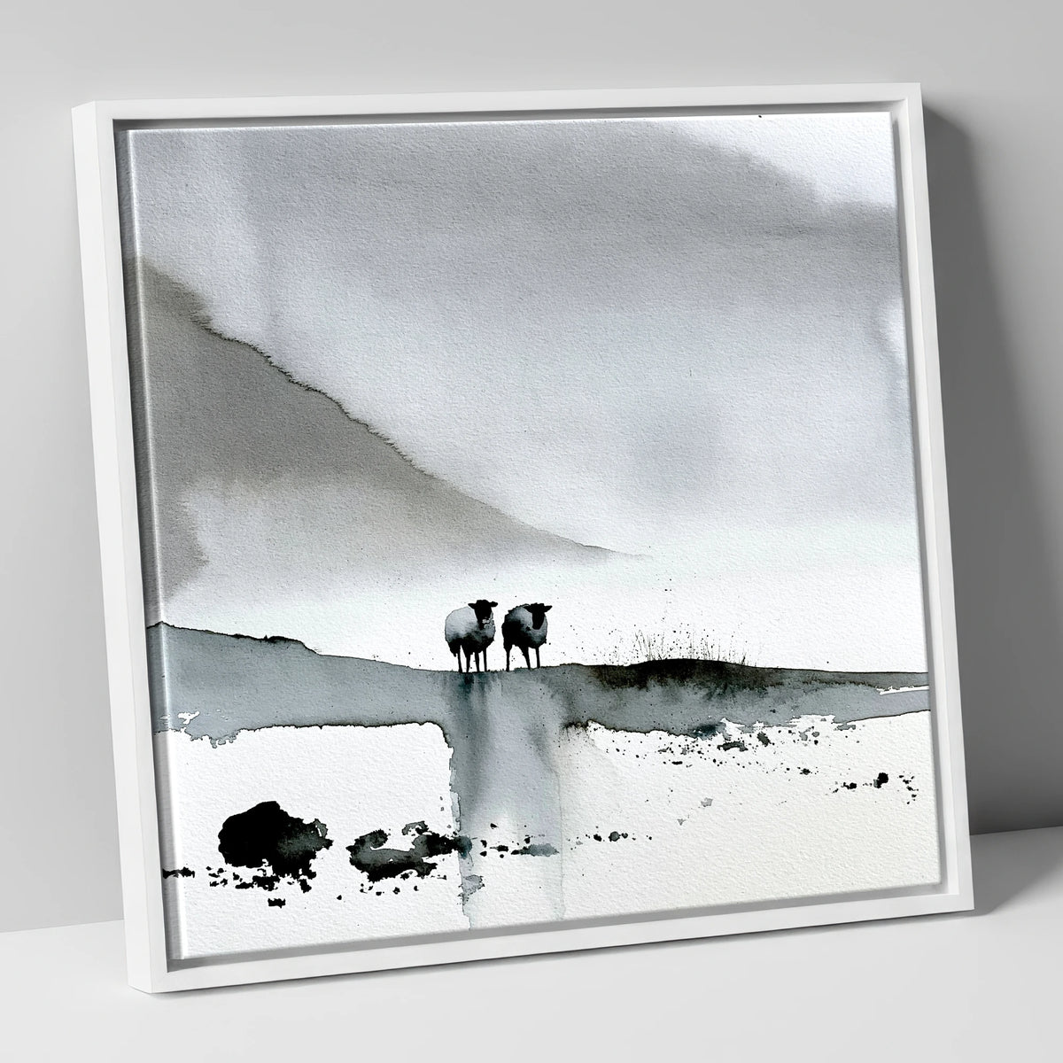 Monochrome Herdwick Sheep on Fellside lake district wildlife canvas wall art in white frame