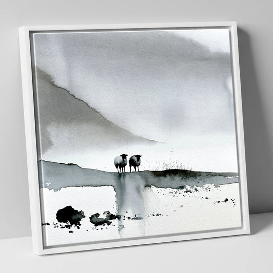 Monochrome Herdwick Sheep on Fellside lake district wildlife canvas wall art in white frame