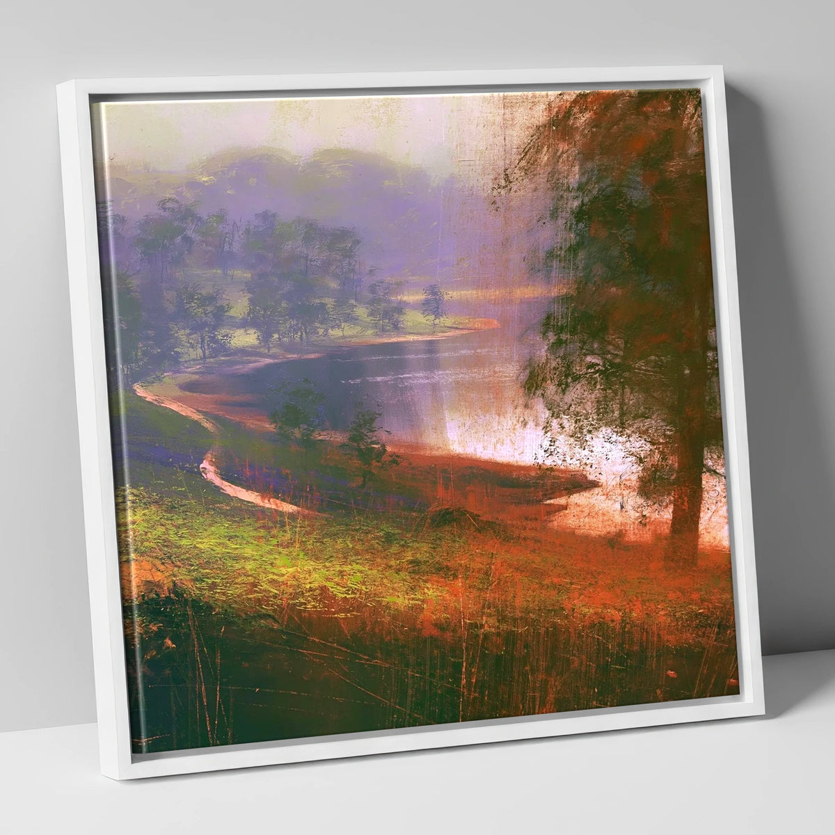 Tarn Hows in Violet Mist lake district lake canvas wall art in white frame