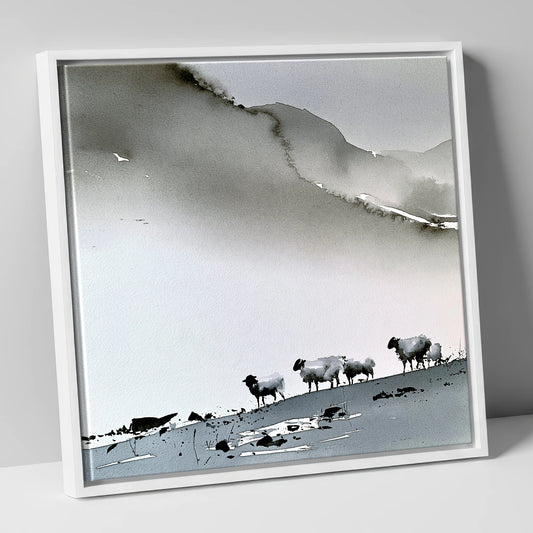 Herdwick Sheep on Misty Fellside lake district wildlife canvas wall art in white frame
