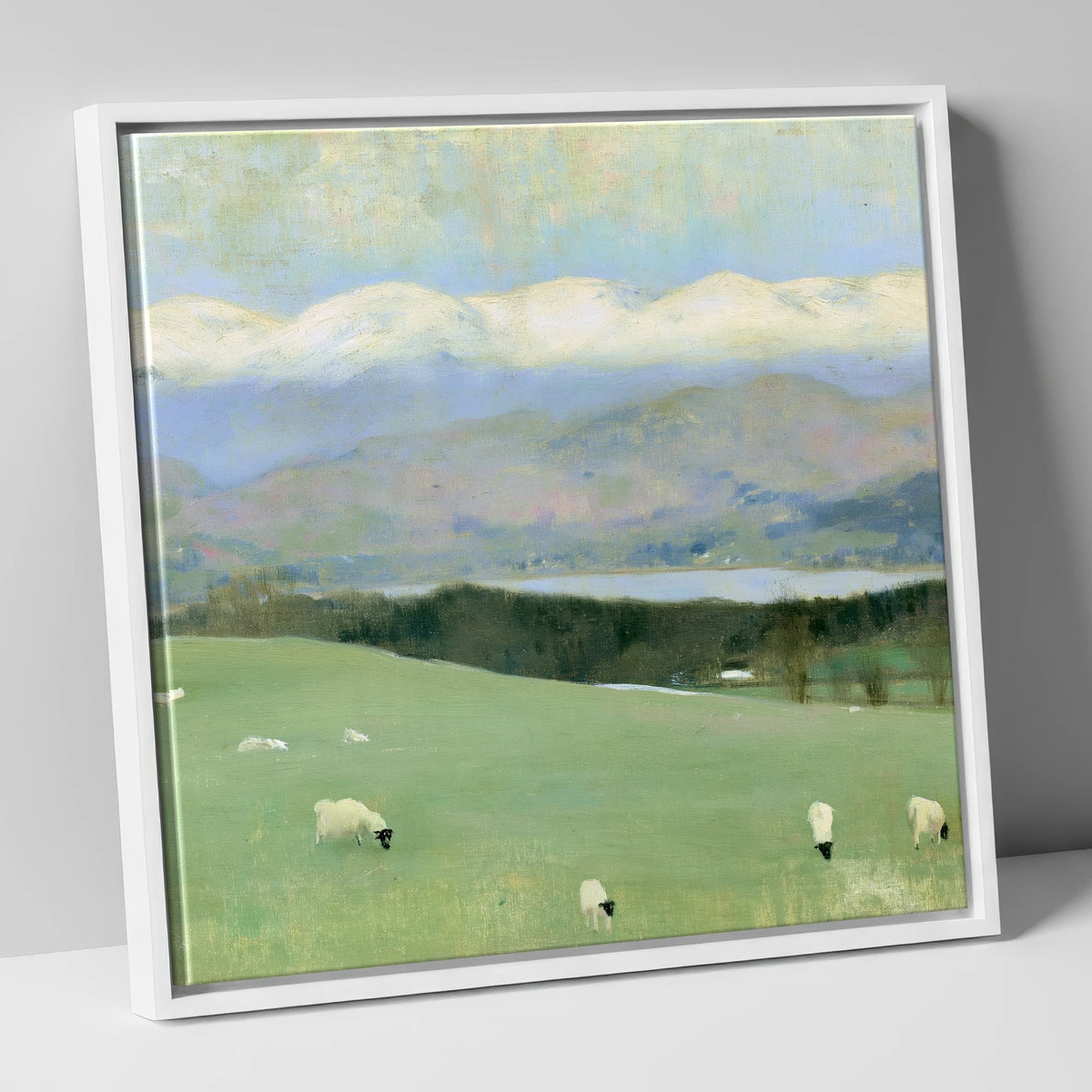 Hawkshead Pastures and Snow-Capped Fells lake district village canvas wall art in white frame