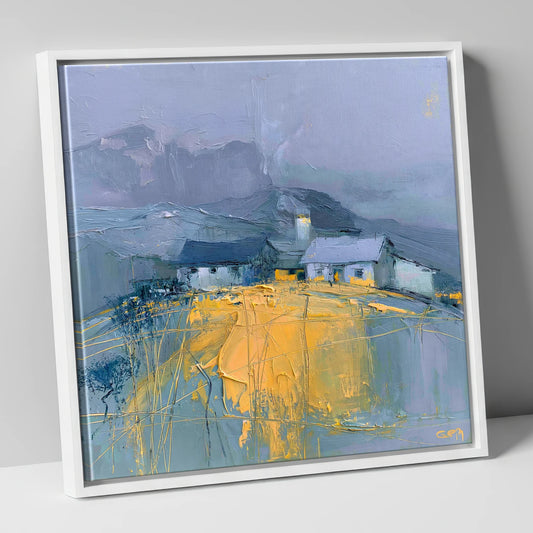 Fellside Farm in Golden Light lake district sky canvas wall art in white frame