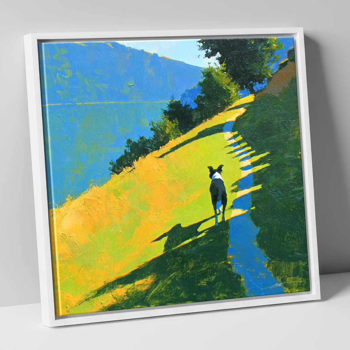 Collie on an Ambleside Path gifts for dog walkers canvas wall art in white frame