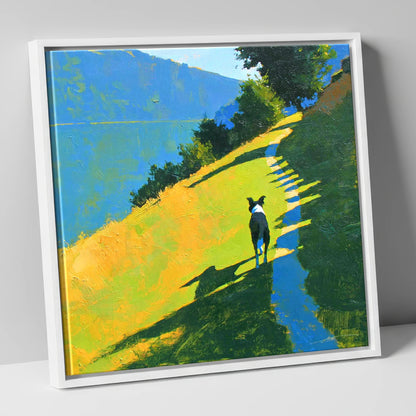 Collie on an Ambleside Path gifts for dog walkers canvas wall art in white frame