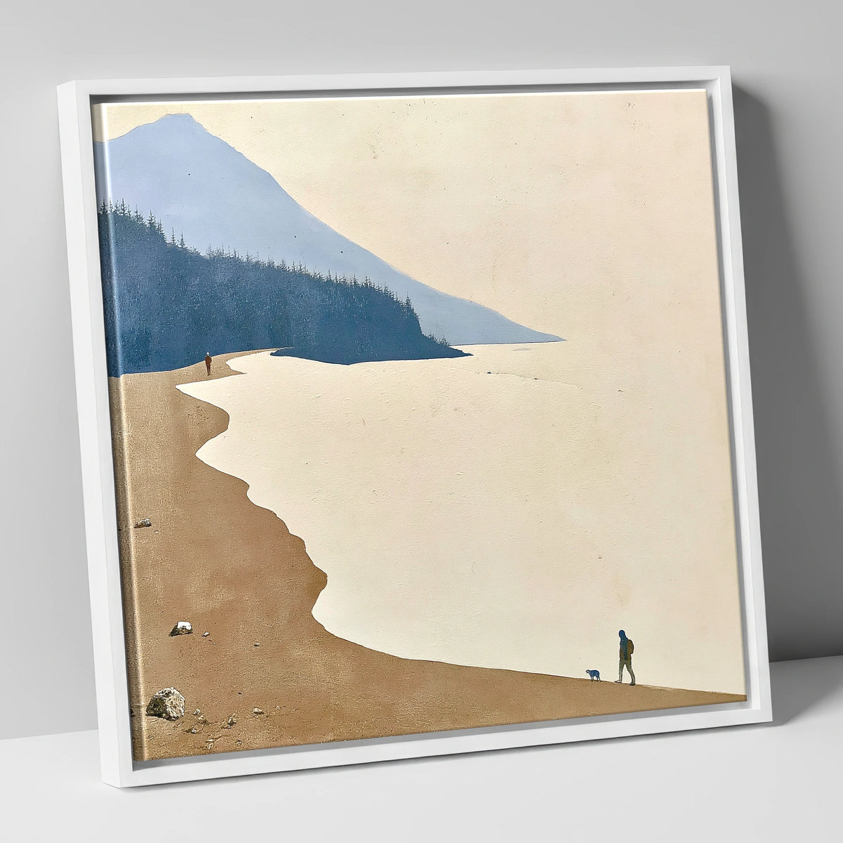 Misty Shoreline Walk with Dog lake district lake canvas wall art in white frame