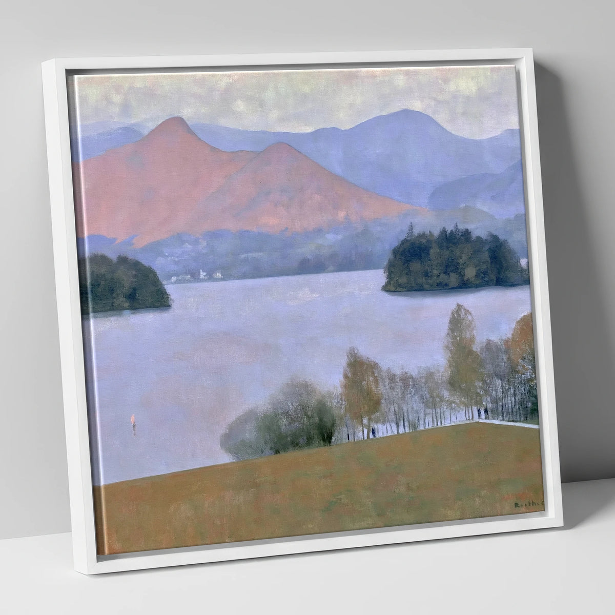 Derwentwater Dusk from Crow Park lake district village canvas wall art in white frame