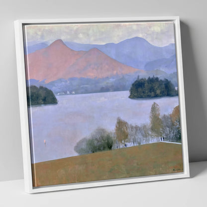 Derwentwater Dusk from Crow Park lake district village canvas wall art in white frame