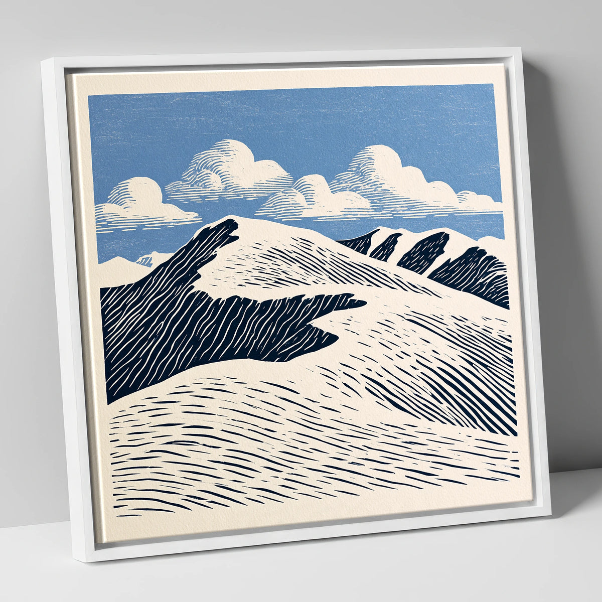 Graphic Helvellyn Ridge in Navy lake district fell canvas wall art in white frame