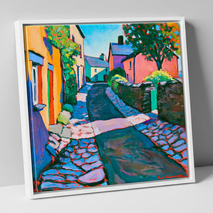 Vibrant Cobbled Village Street lake district village canvas wall art in white frame