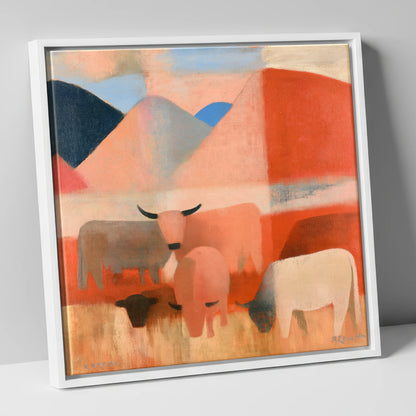 Highland Cattle and Terracotta Fells lake district wildlife canvas wall art in white frame