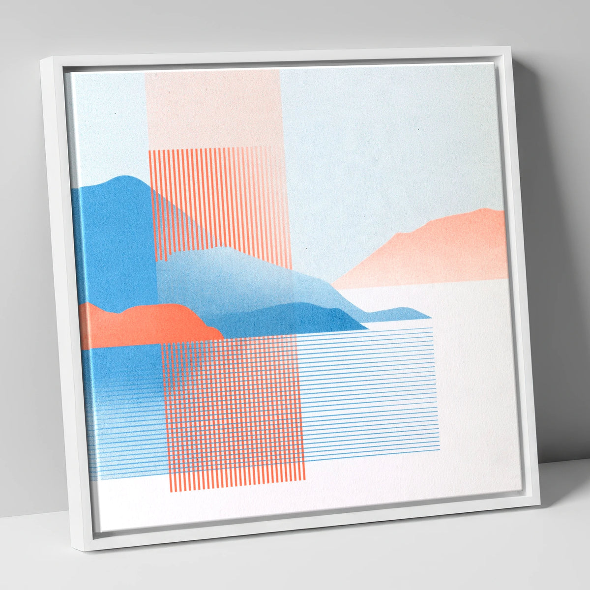Derwentwater Fells Coral and Blue lake district lake canvas wall art in white frame