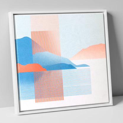 Derwentwater Fells Coral and Blue lake district lake canvas wall art in white frame