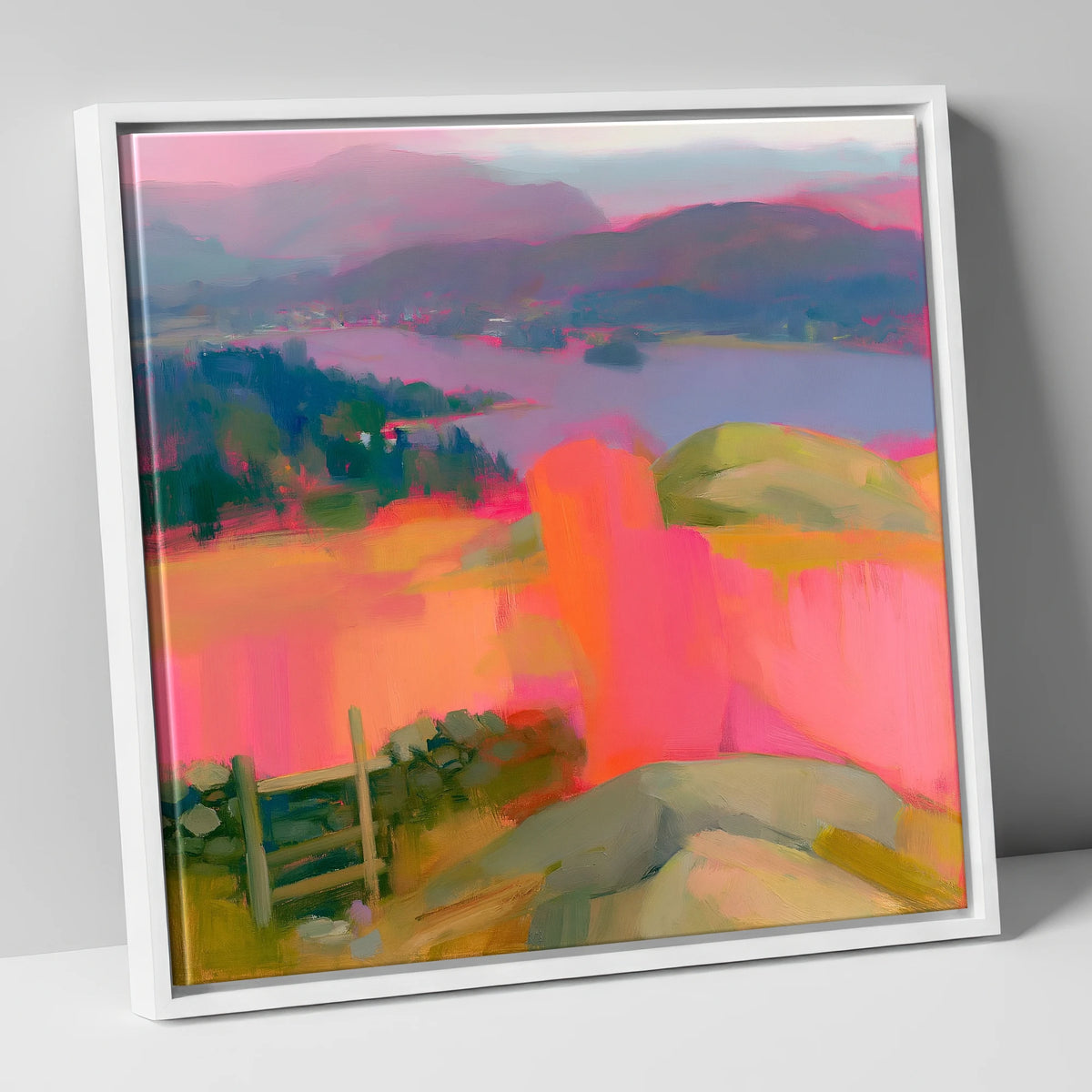 Vibrant Ambleside from Loughrigg lake district village canvas wall art in white frame