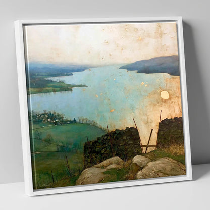 Lake Windermere in Golden Haze lake district lake canvas wall art in white frame