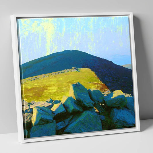 Sunlit Ridge on Gavel Fell lake district fell canvas wall art in white frame