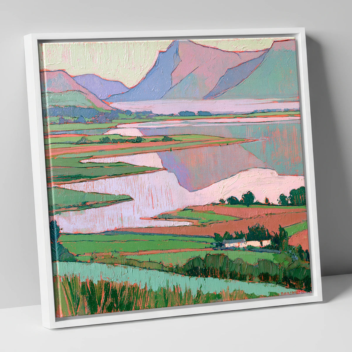 Morning Mist Over Pastel Valley lake district sky canvas wall art in white frame