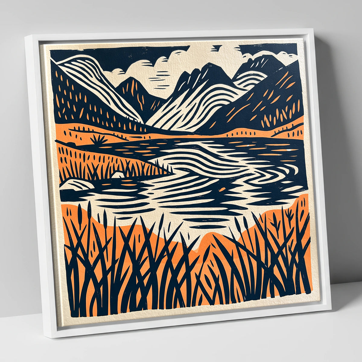 Terracotta Fells and Lake Reflections lake district lake canvas wall art in white frame