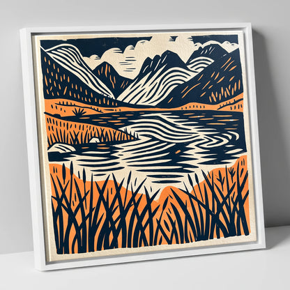 Terracotta Fells and Lake Reflections lake district lake canvas wall art in white frame