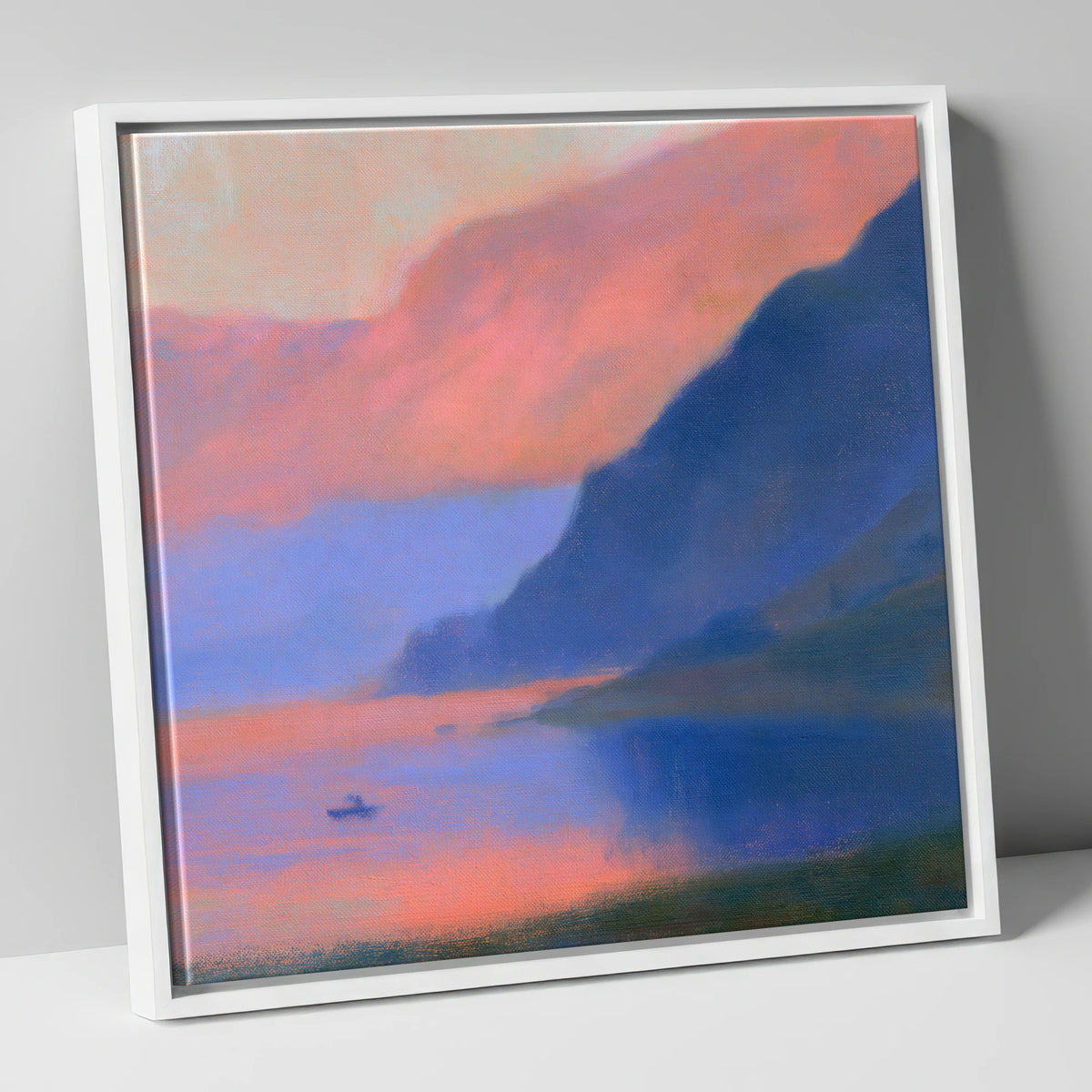 Indigo Fells at Pink Twilight lake district lake canvas wall art in white frame