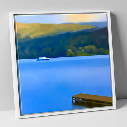 Jetty on Blue Coniston Water lake district lake canvas wall art in white frame