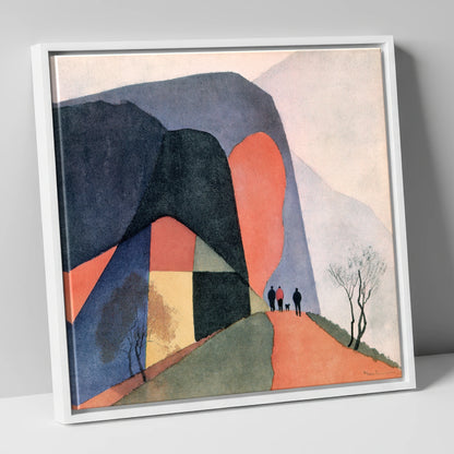 Walkers on a Terracotta Fell Path lake district walking canvas wall art in white frame