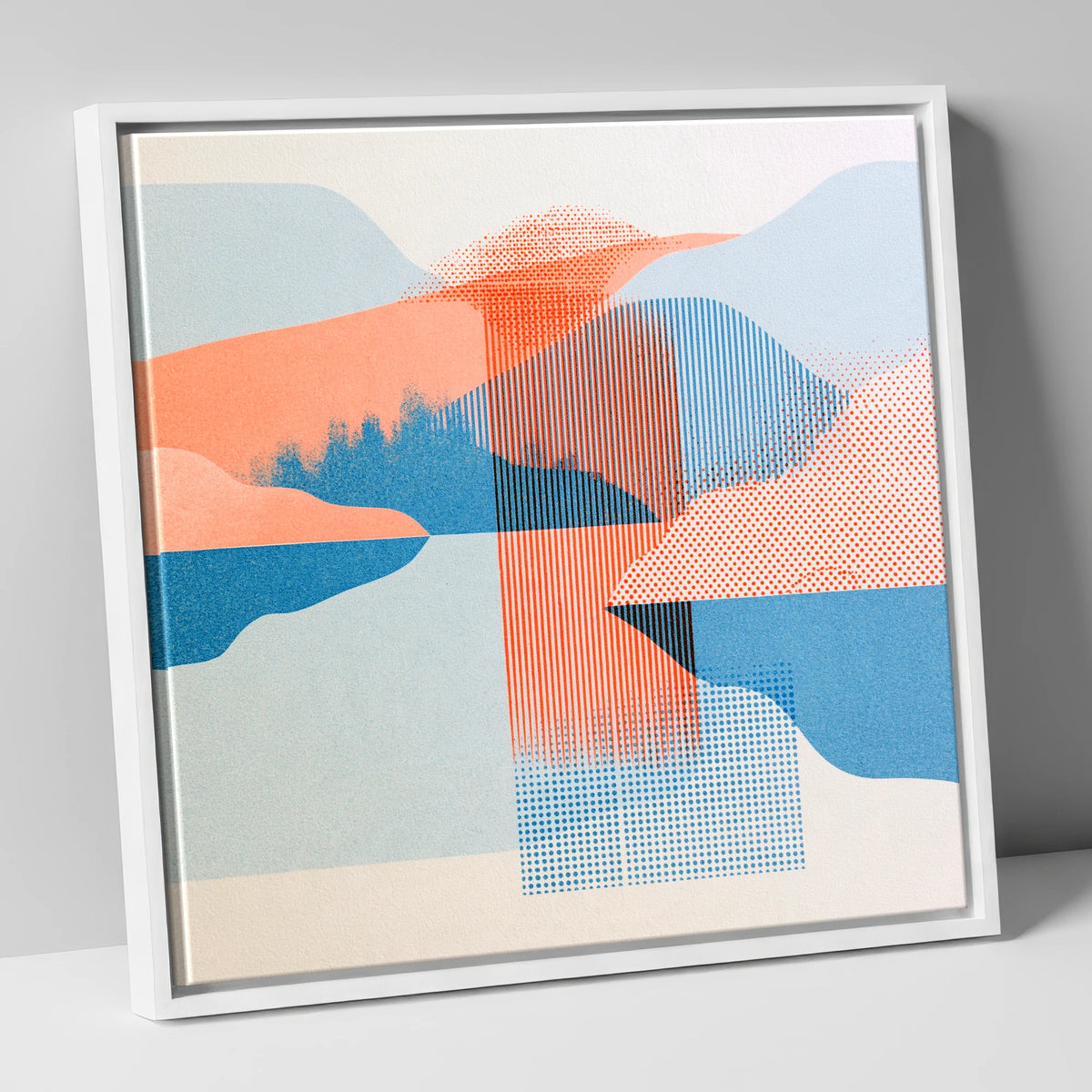 Geometric Lake and Fell Reflections lake district lake canvas wall art in white frame