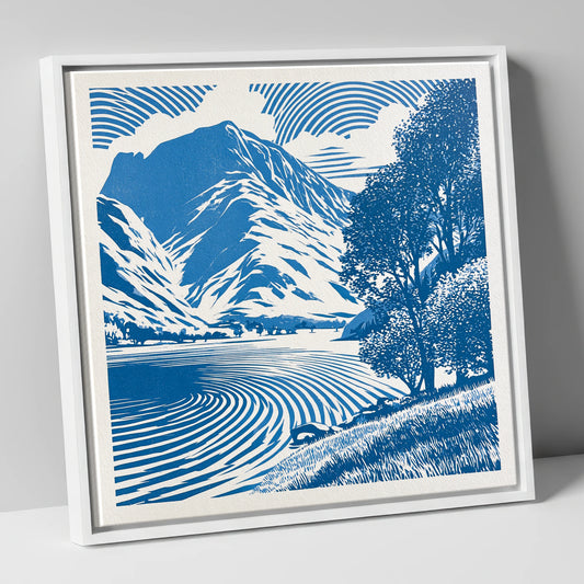 Cobalt Blue Buttermere Landscape lake district lake canvas wall art in white frame