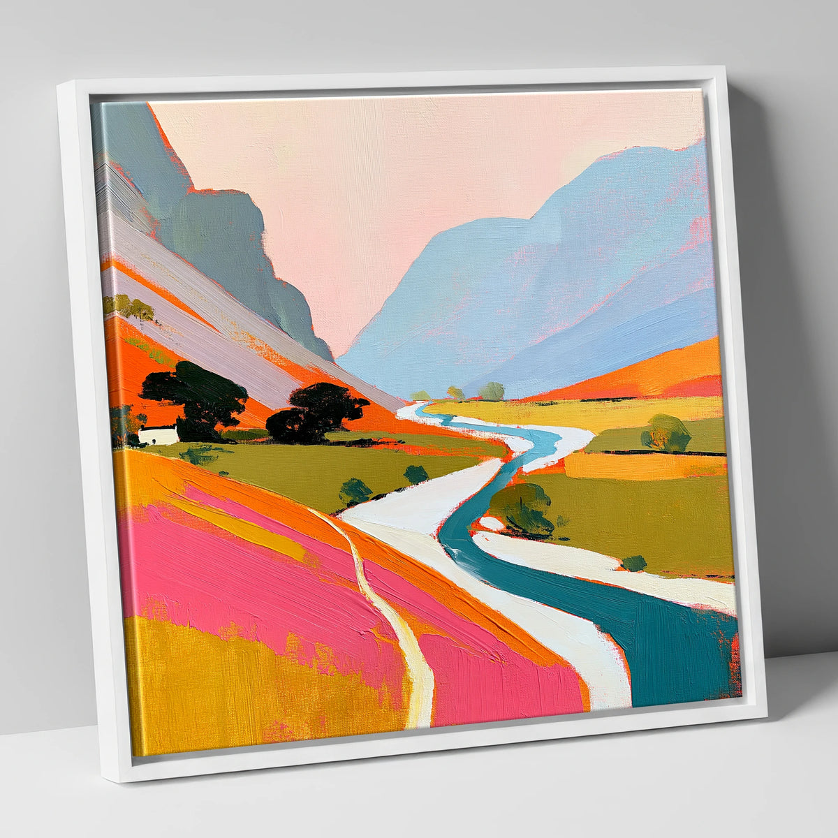 Vibrant River Winding Through Fells lake district waterfall canvas wall art in white frame