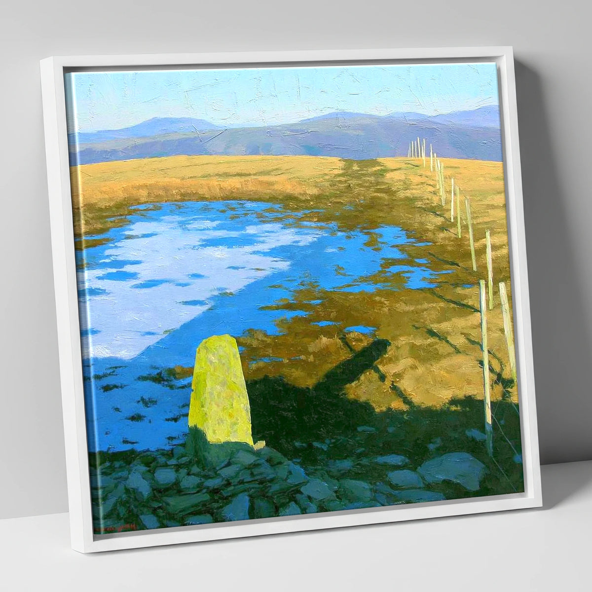 Sunlit Frozen Pool on Ullscarf lake district fell canvas wall art in white frame