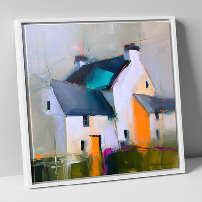 Abstract Lakeland Slate Cottages lake district village canvas wall art in white frame