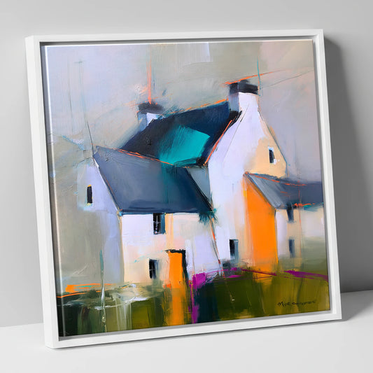 Abstract Lakeland Slate Cottages lake district village canvas wall art in white frame