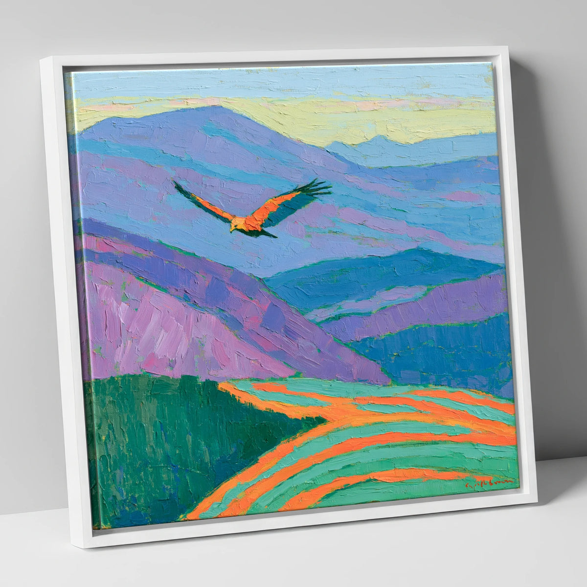 Soaring Buzzard Over Vibrant Fells lake district wildlife canvas wall art in white frame
