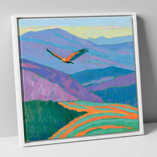 Soaring Buzzard Over Vibrant Fells lake district wildlife canvas wall art in white frame