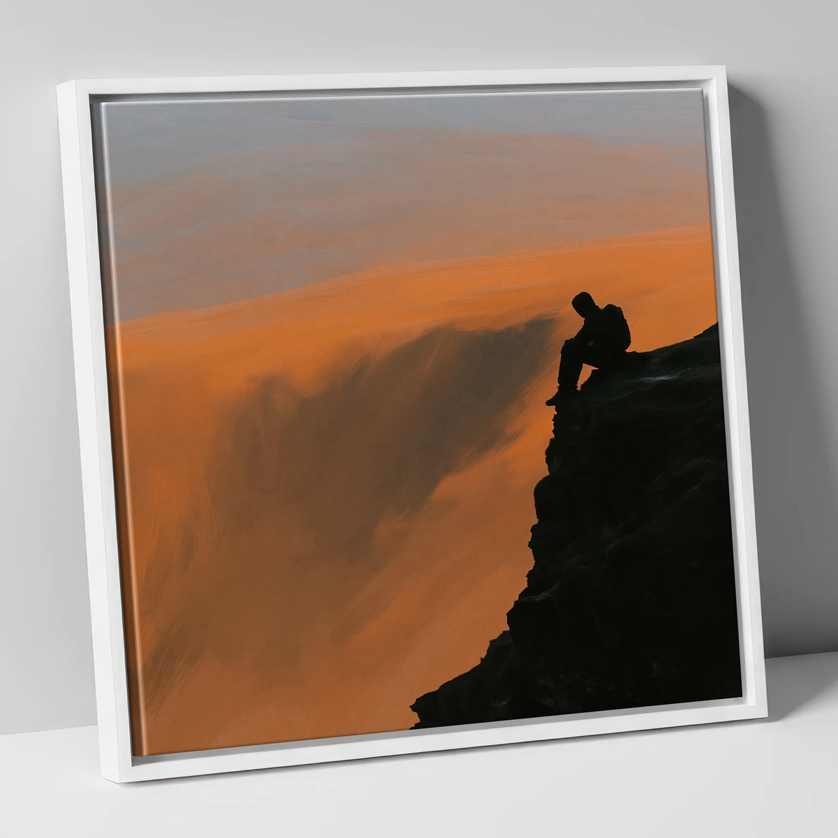 Blencathra Walker Silhouette in Amber lake district fell canvas wall art in white frame
