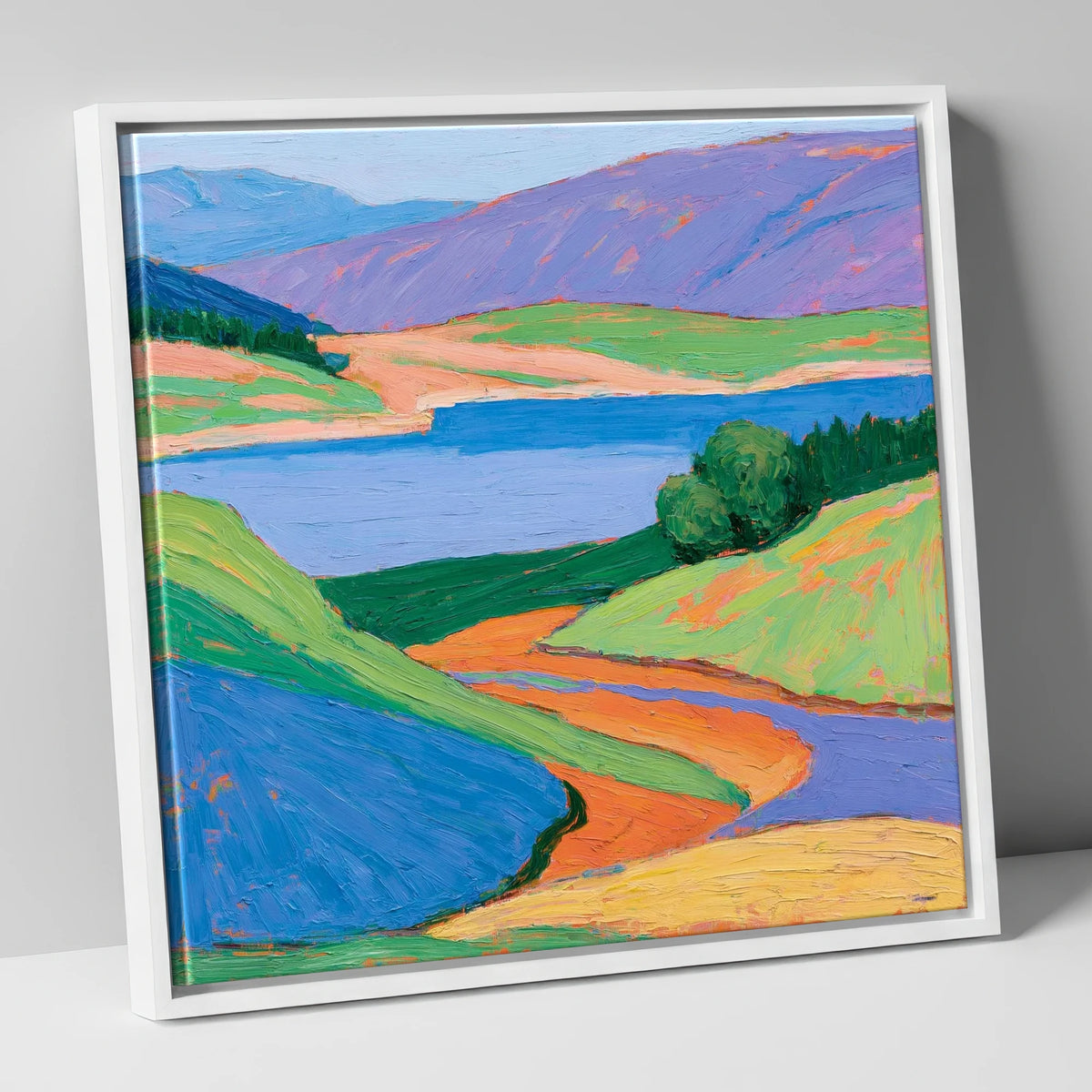 Cobalt Lake and Vibrant Fells lake district lake canvas wall art in white frame