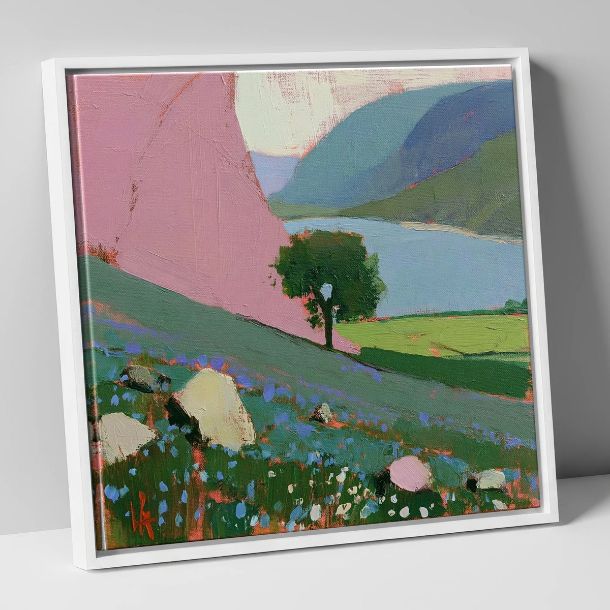 Pink Fellside Above Crummock Water lake district lake canvas wall art in white frame